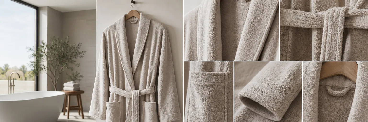 What details and finishing touches should you check before buying a bathrobe?