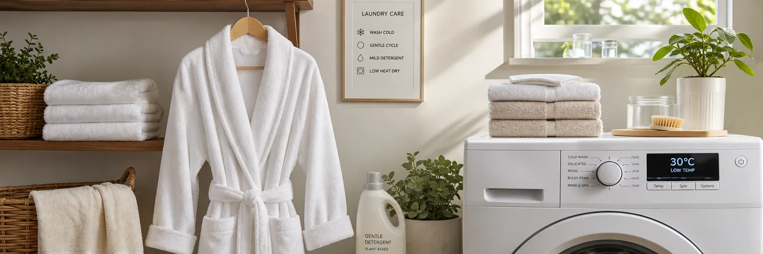 How should you care for a bathrobe to keep it soft and absorbent?